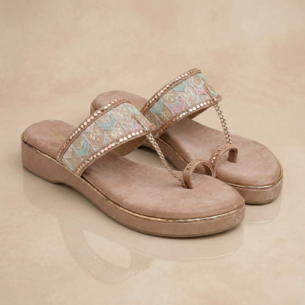 Zelion | Women Beige Ethnic Kolhapuri Wedges with Embroidery