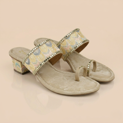 Zelion | Women's Golden Embroidered Ethnic Block Heel Slip-On Sandal