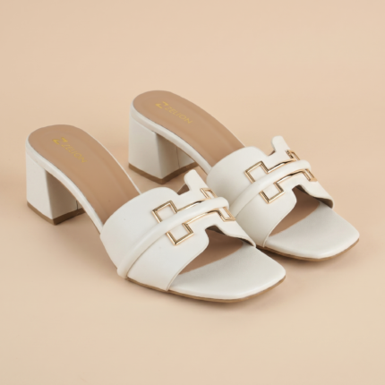 ZELION| Women's Block Heel Mules with Gold Metallic Ornament